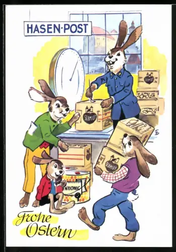 AK Nürnberg, Reklame der Firma E. Otto Schmidt Honigversand, Osterhasen verpacken die Ware, Frohe Ostern!