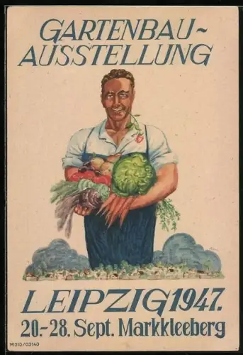 Künstler-AK Markkleeberg, Gartenbau-Ausstellung 1947, Gärtner mit Mohrrüben u. Kohl