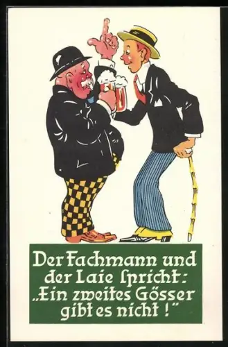 Künstler-AK Leoben-Göss, Der Fachmann und der Laie..., Gösser Brauerei-Werbung