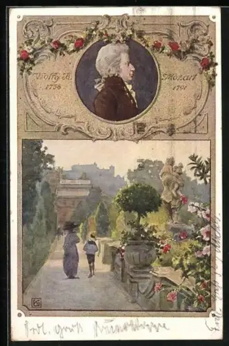 Künstler-AK Karl Friedrich Gsur: Bildnis von Wolfgang A. Mozart, Gartenpromenade mit Flaneuren