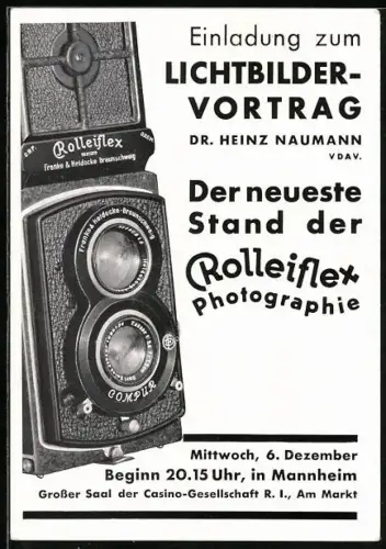 AK Mannheim, Photographie-Reklame, Rolleiflex Photographie, Lichtbilder-Vortrag von Dr. Heinz Naumann