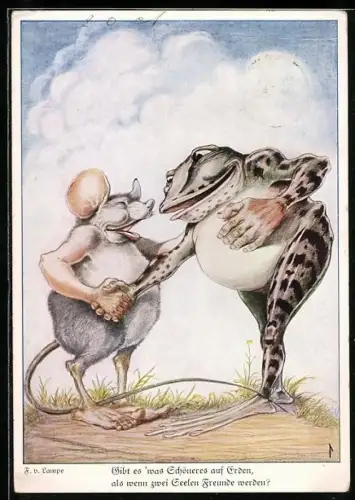 Künstler-AK Vermenschlichte Ratte und Frosch schütteln sich die Hände