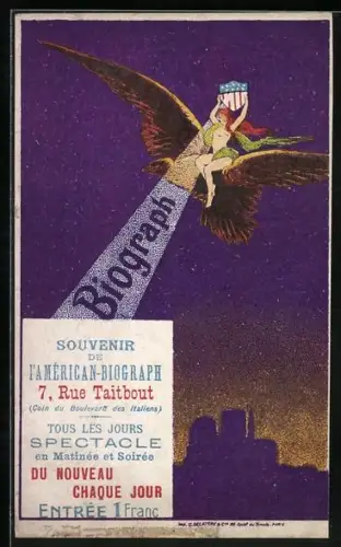 Künstler-AK Dame mit leuchtendem Wappen reitet auf einem Adler, l`American-Biograph
