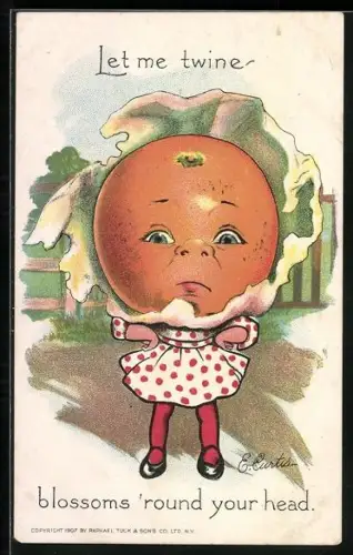 Künstler-AK Kind mit Orange als Kopf, Let me twine blossoms round your head