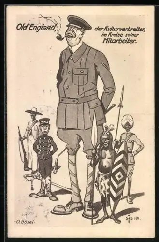 Künstler-AK Engländer umgeben von anderen Soldaten, Old England, der Kulturverbreiter, im Kreise seiner Mitarbeiter