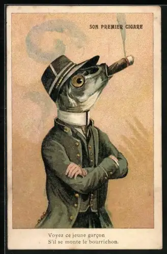 Künstler-AK Vermenschlichter Fisch mit Zigarre, Son Premier Cigare