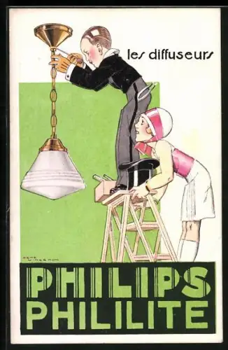 AK Mann montiert eine Lampe an der Decke, Reklame für Philips Phililite