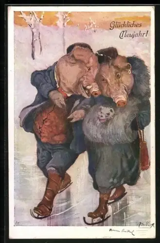 Künstler-AK Vermenschlichte Schweine auf Schlittschuhen