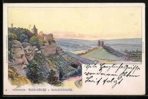 Künstler-AK Schwenke Nr. 2: Rudelsburg und Saalecksburg in Thüringen, Berg mit Gesicht / Berggesichter