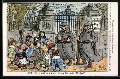 Künstler-AK Heinrich Zille: Süh, Korl, dat is nu der Krieg bis aufs Messer!..., Vadding in Frankreich