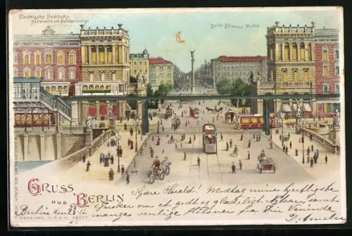 Lithographie Berlin, Belle-Alliance-Platz, Electrische Hochbahn, beleuchtete Fenster bei Halt gegen das Licht