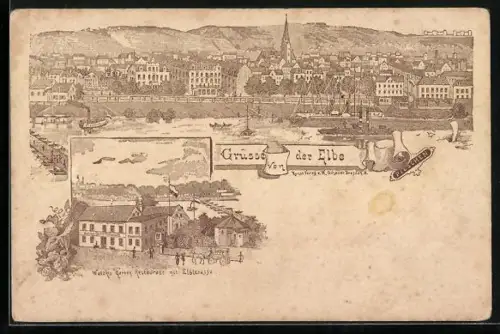 Lithographie Dresden-Pieschen, Watzke`s Garten-Restaurant mit Elbterrasse, Panorama