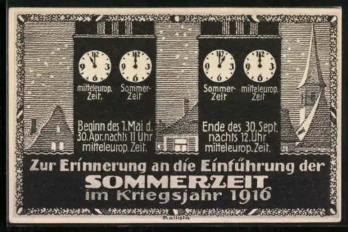 Künstler-AK Kallista: Erinnerung an die Einführung der Sommerzeit im Kriegsjahr 1916