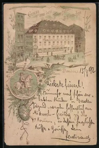 Vorläufer-Lithographie Dresden, 1892, Gasthaus Trompeterschlösschen