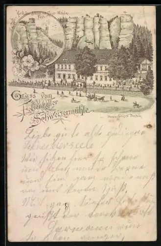 Vorläufer-Lithographie Schweizermühle, 1895, Gasthof Felsenkeller Schweizermühle mit Herkules-Säulen