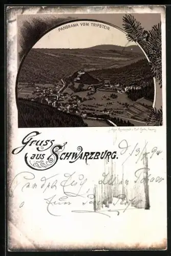 Vorläufer-Lithographie Schwarzburg, 1894, Panorama vom Tripstein aus