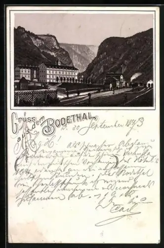 Vorläufer-Lithographie Bodethal, 1893, Bahngleise am Ort