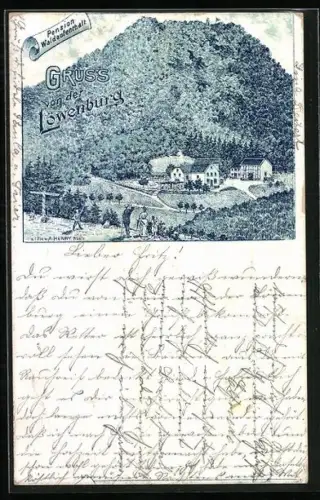 Vorläufer-Lithographie Bad Honnef, 1893, Gasthaus und Pension zur Löwenburg