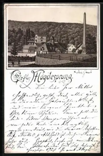 Vorläufer-Lithographie Mägdesprung, 1891, Gasthof und Obelisk