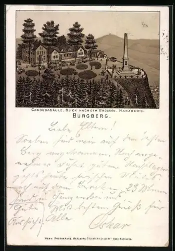 Vorläufer-Lithographie Harzburg /Brocken, 1892, Burgberg mit Canossasäule
