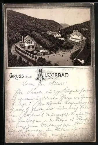 Vorläufer-Lithographie Alexisbad, 1893, Kurhotel aus der Vogelschau