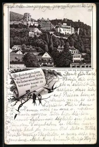 Vorläufer-Lithographie Heidelberg, 1895, Schloss von der Hirschgasse betrachtet