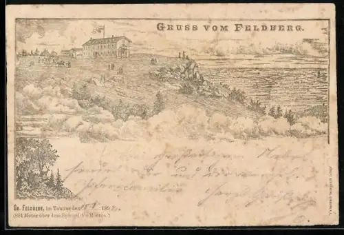 Vorläufer-Lithographie Gr. Feldberg im Taunus, 1892, Wanderer beim Gasthof auf dem Feldberg