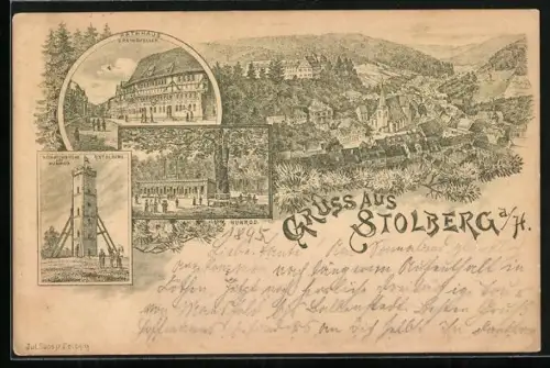 Vorläufer-Lithographie Stolberg a. H., 1895, Gasthof Hunrod, Rathaus und Rathauskeller, Heinrichshöhe