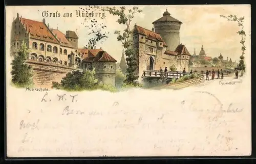 Vorläufer-Lithographie Nürnberg, 1895, Musikschule, Frauentor
