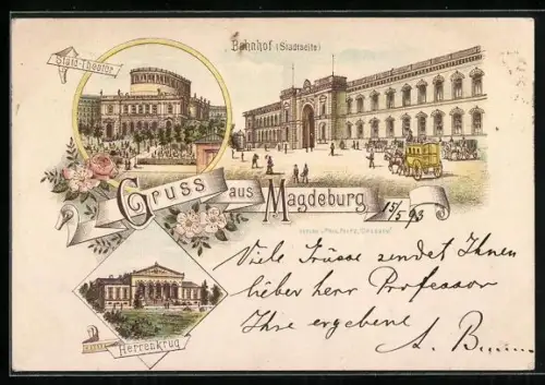 Vorläufer-Lithographie Magdeburg, 1893, Bahnhof, Stadttheater, Herrenkrug