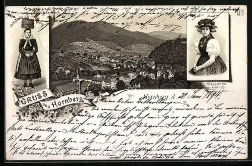 Vorläufer-Lithographie Hornberg / Baden, 1894, Ortsansicht aus der Vogelschau, Volkstracht von Gulach