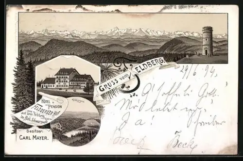 Vorläufer-Lithographie Feldberg / Schwarzwald, 1894, Hotel-Pension Feldberger Hof, Bes. C. Mayer, Feldbergsee & Panorama