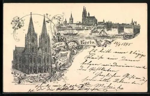Vorläufer-Lithographie Koeln, 1895, Dom, Flusspartie mit Brücke