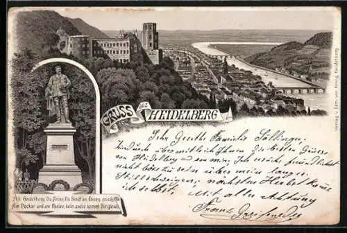 Vorläufer-Lithographie Heidelberg, 1893, Scheffel Denkmal, Ortsansicht mit Flusspartie