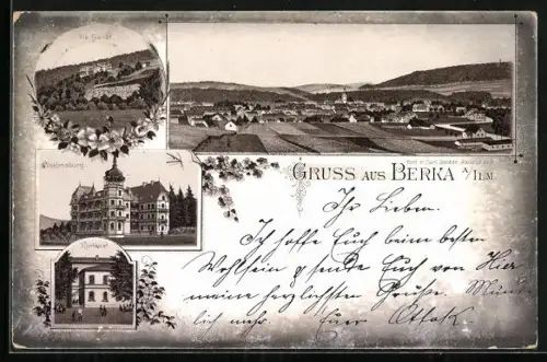 Vorläufer-Lithographie Berka a. Ilm, 1893, Kurhaus, Wilhelmsburg, Die Hardt