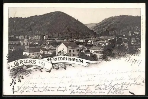 Vorläufer-Lithographie Friedrichroda, 1894, Gesamtansicht des Ortes