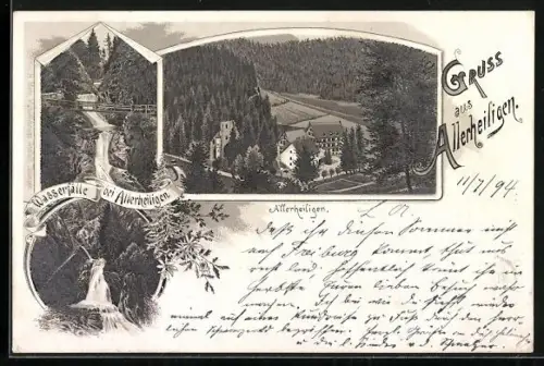 Vorläufer-Lithographie Allerheiligen, 1894, Ortspartie, Wasserfälle