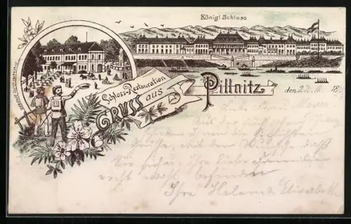 Vorläufer-Lithographie Dresden-Pillnitz, 1895, Schloss-Restaurant, Königl. Schloss