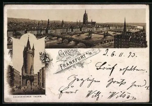 Vorläufer-Lithographie Frankfurt a. M., 1893, Eschenheimer Thurm, Ortspanorama