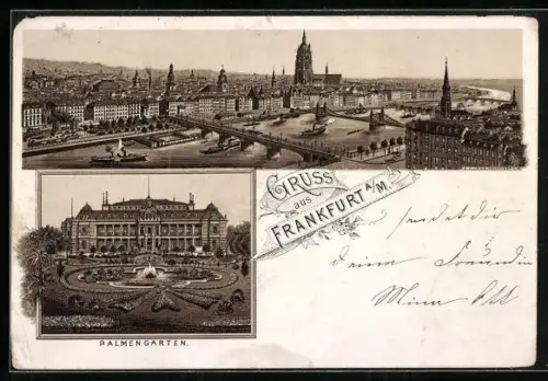 Vorläufer-Lithographie Frankfurt-Westend, 1893, Palmengarten, Mainpanorama