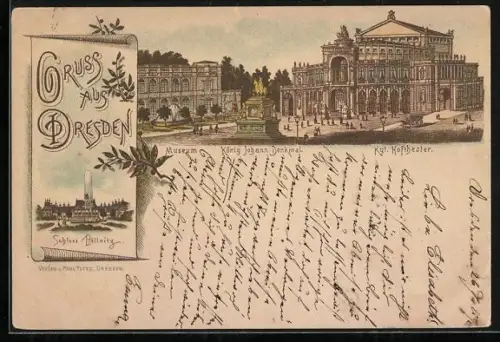 Vorläufer-Lithographie Dresden, 1891, Museum, König Johann Denkmal, Kgl. Hoftheater