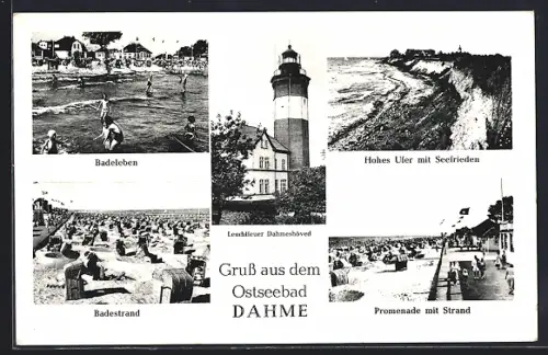 AK Dahme / Ostseebad, Leuchtturm Dahmeshöved, Badeleben, Promenade mit Strand