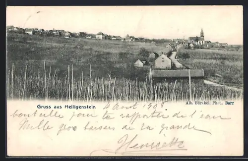 AK Heiligenstein, Ortsansicht mit Kirche und Feldern