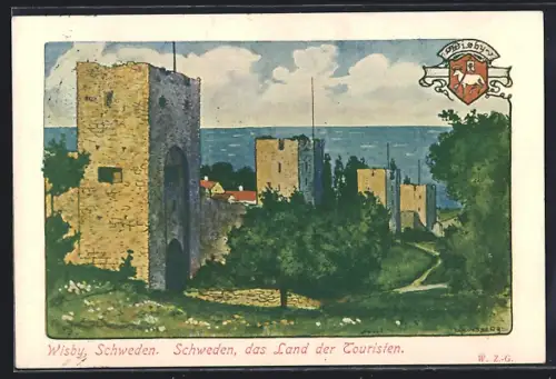 AK Wisby, Die Stadtmauer mit Türmen