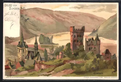 Lithographie Bingen / Rhein, Burg, Kirche, Rheinlandschaft