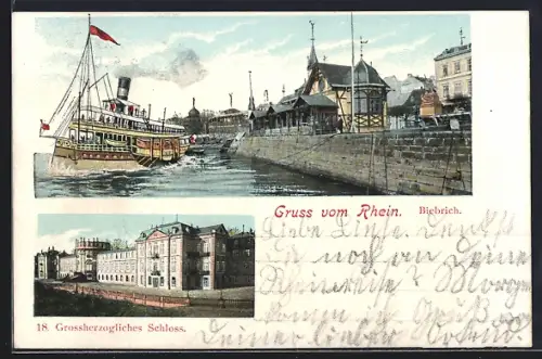 AK Biebrich / Rhein, Rheinufer, Dampfschiff, Grossherzogliches Schloss
