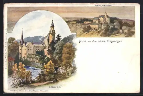 Lithographie Hartenstein / Sachsen, Schloss Hartenstein, Schloss Stein