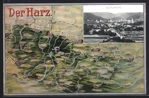Lithographie Bad Suderode /Harz, Ortsansicht, Karte des Harz, Landkarte