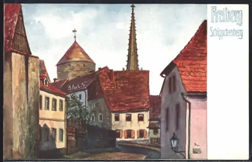 Künstler-AK Freiberg / Sachsen, Schippchenberg, Stadtansicht mit Turm und Kirche