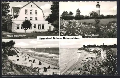 AK Dahme / Ostseebad, Haus Seefrieden, Leuchtturm, Strand, Hohes Ufer